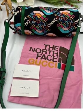 Gucci x Northface Multicolor Logo Barrel Crossbody Bag with Green Strap